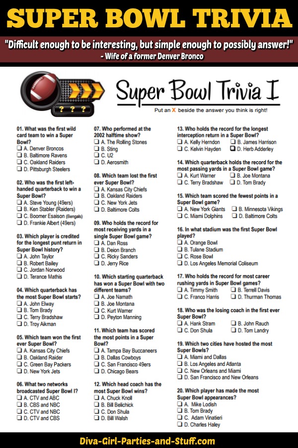 Super Bowl Trivia Multiple Choice Printable Game Updated Feb 2022
