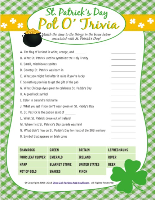 Green Trivia for Trivia Parties and St. Patricks Day